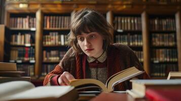 Focused student reading in library for academic preparation photo
