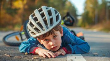 Child with helmet lying on road after bicycle fall photo