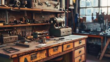 Detailed view of mechanical parts on workshop table photo