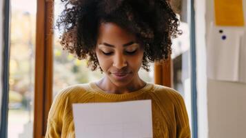 Woman reading document with concentration photo