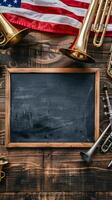 Patriotic music background with American flag and brass instruments photo