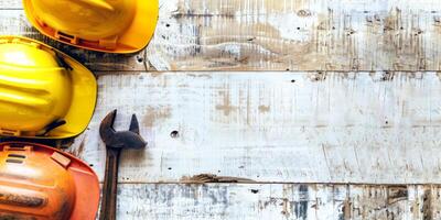 Panoramic View of Wrenches and Helmets - Work Theme photo