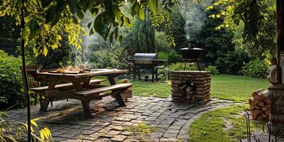 Rustic outdoor barbecue area with picnic table and grill photo