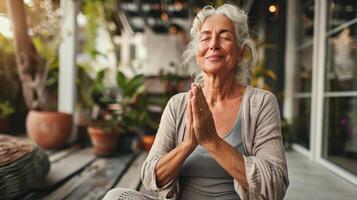 Senior woman meditating outdoors on a terrace at sunset photo