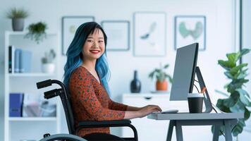 Woman in wheelchair smiling while working at compute photo