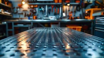 Metal workshop table with tools in background, focus on table photo