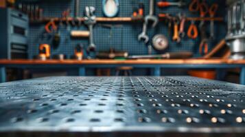 Close-up of metal table in a workshop setting photo