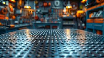 Industrial workshop with metal workbench and tools photo