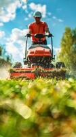Person cutting grass with a lawnmower on a sunny day photo