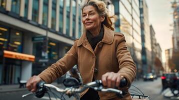 Beautiful middle-aged woman commuting on a bicycle through the city photo