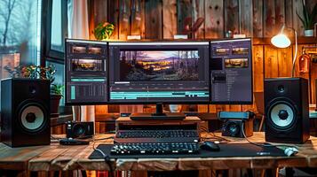 Modern video editing workspace with large screen and camera photo