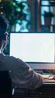 Nighttime Workspace with Man Using Desktop Computer photo