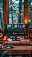 Scenic video editing workstation with forest view and string lights photo