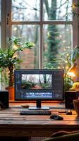 Inspiring video editing desk with window view and cozy atmosphere photo