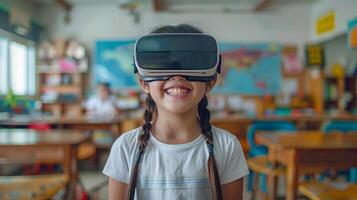 Happy student wearing VR headset in a classroom with a big smile photo