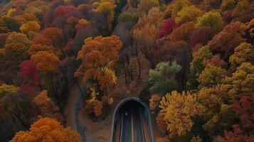 Aerial view of a highway surrounded by autumn forest photo
