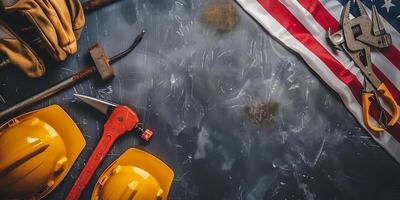 Rustic Labor Day Setup with Tools and American Flag on Dark Surface photo