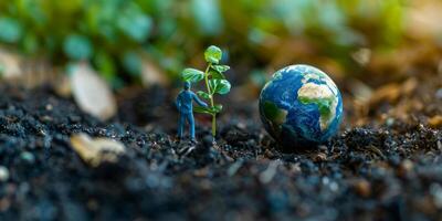 Miniature figure nurturing plant with Earth in background photo