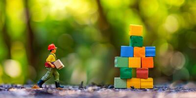 Tiny worker stacking colorful wooden blocks photo