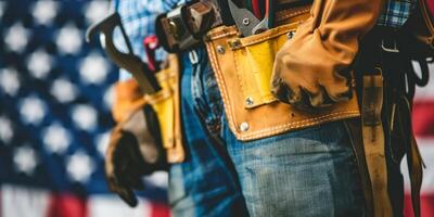 Partial view of workman with tool belt and pliers against American flag photo