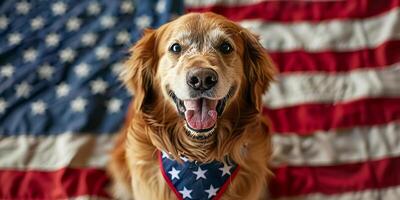 Close-up of a golden retriever dog in front of American flag photo