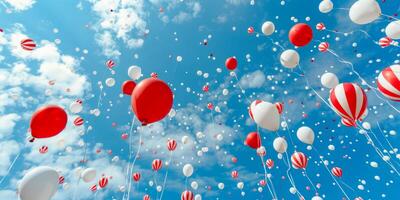 Red and white balloons flying in the sky with clouds photo