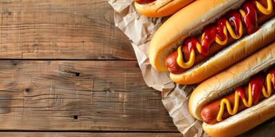 Hot dogs with ketchup and mustard on wooden background photo