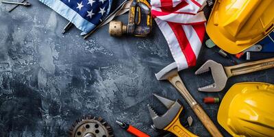 Labor Day Concept with Tools and American Flag photo