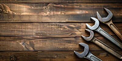 Old and new wrenches displayed on rustic wooden surface photo