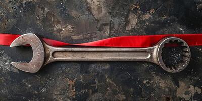 Rustic Wrench with Red Ribbon for Labor Day Concept photo