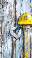 Labor Day concept with worker tools on distressed wood photo