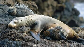Sea lion and iguana resting together on volcanic rocks photo