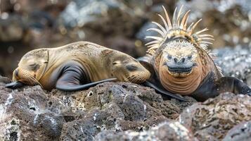 Close-up of sea lion and iguana sleeping on rocks photo