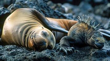 Sea lion and iguana basking in the sun on lava rocks photo