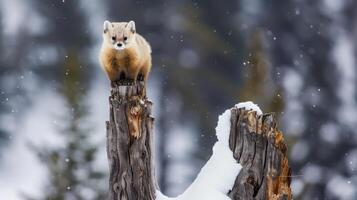 Pine marten standing on a snowy tree stump in winter photo