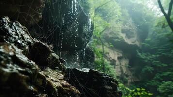 Spider Web with Dew Drops in Misty Forest Setting photo