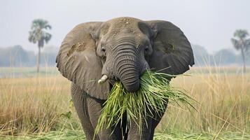 Elephant Feeding on Grass in Open Field in Africa photo