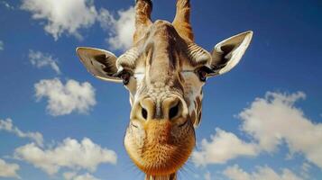 Curious giraffe staring at camera with clouds in background photo