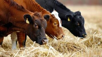Group of diverse cows feeding on hay in open field photo