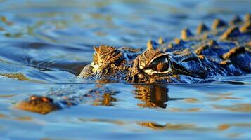 Crocodile lurking in water with focus on eyes and texture photo