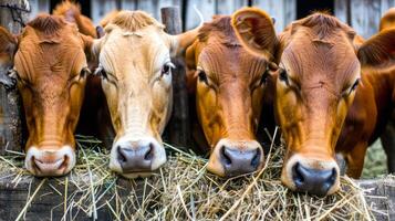Close-up of four cows feeding on hay in a barn photo