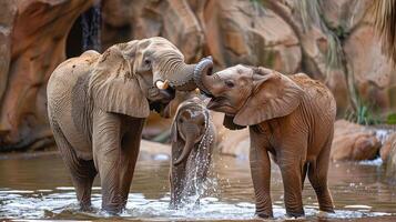 Elephants playing in water with trunks intertwined photo