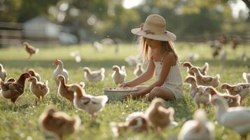 Young Girl Feeding Chickens Outdoors photo