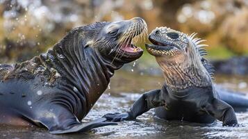 Playful Interaction Between Seal and Iguana photo