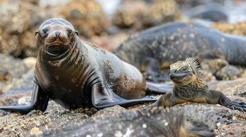 Marine Iguana and Seal on Rocky Shore photo