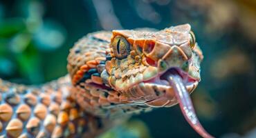 Close-up of colorful snake with tongue out photo