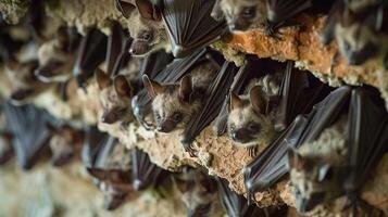 Colony of bats hanging in cave photo