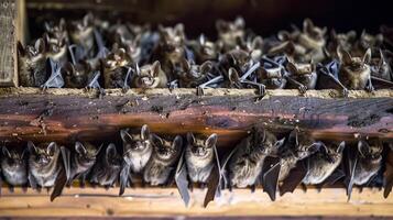 Tightly packed bats sleeping in roof photo