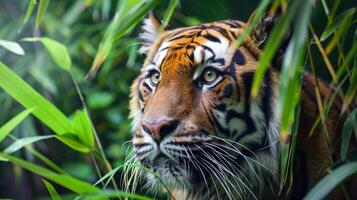 Tiger in dense jungle foliage photo