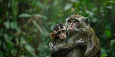Mother macaque and baby resting in lush forest environment photo